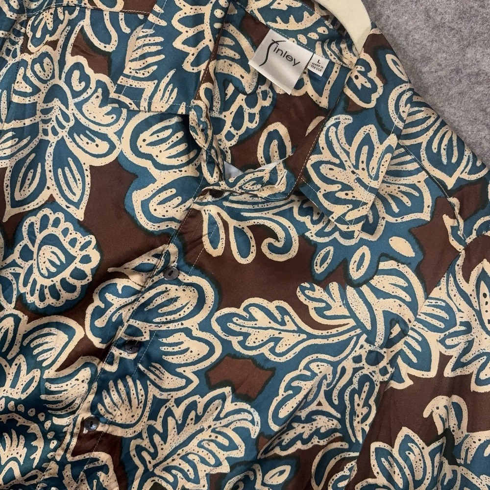 Finley Satin Blouse Womens Sz L Brown Blue Floral Twist Front French Cuffs - Picture 3 of 7